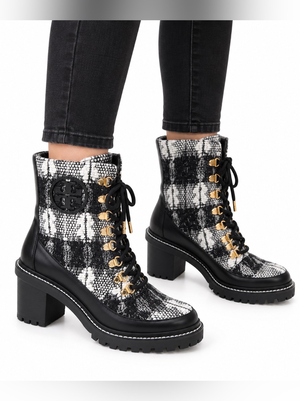 Tory Burch Black White Tweed Lace-Up Combat Boots Size 9